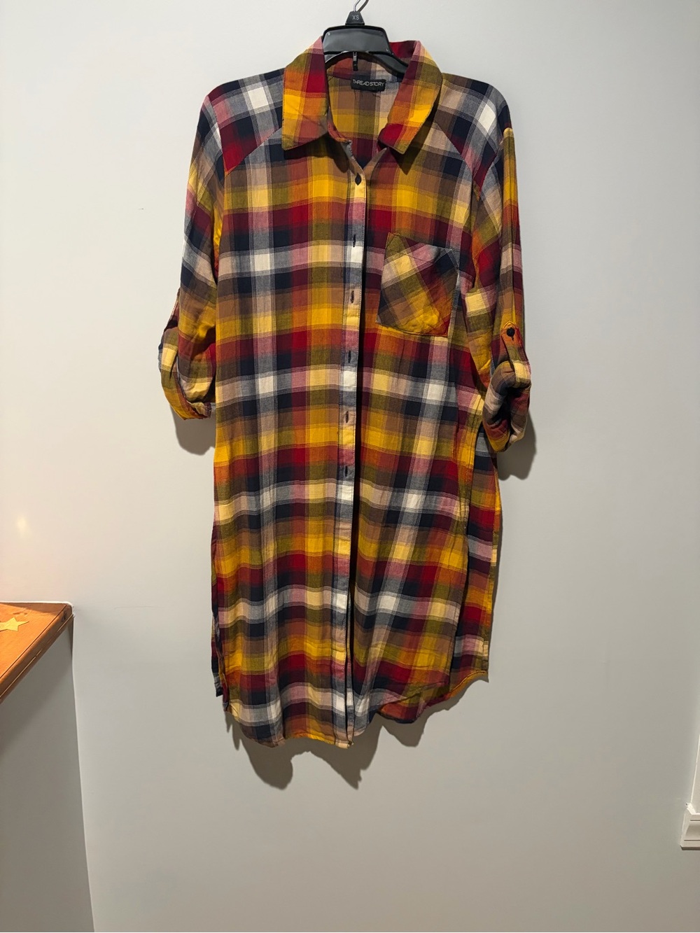 Relaxed Longline Plaid Button-Down Shirt Dress in Yellow Multi